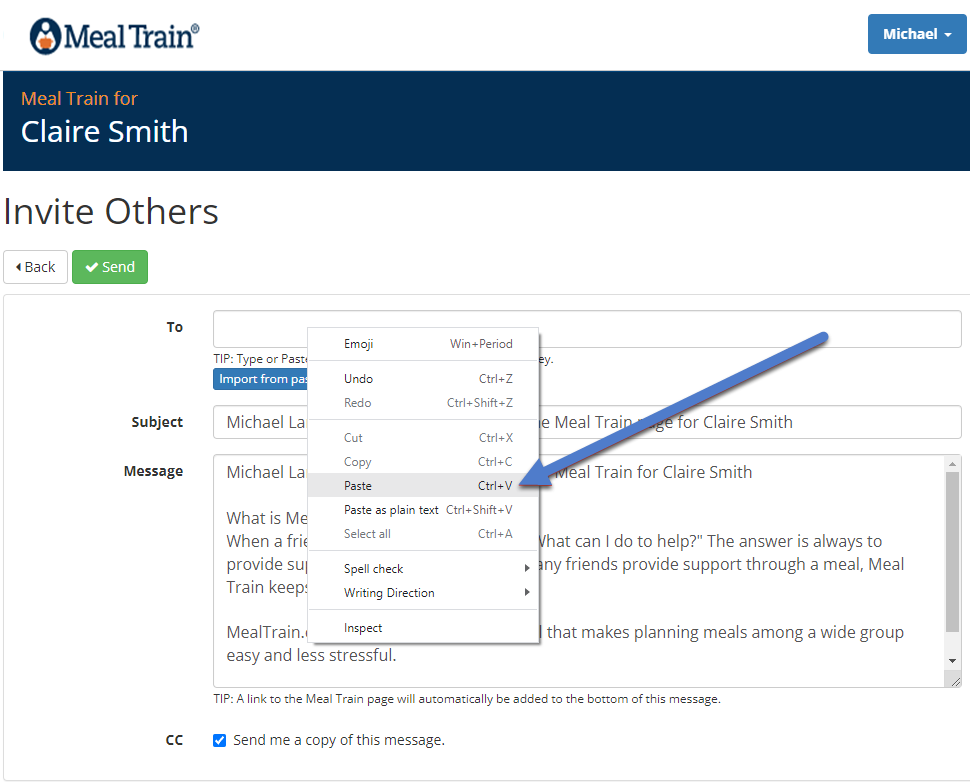 Meal Train Invite via Email Import